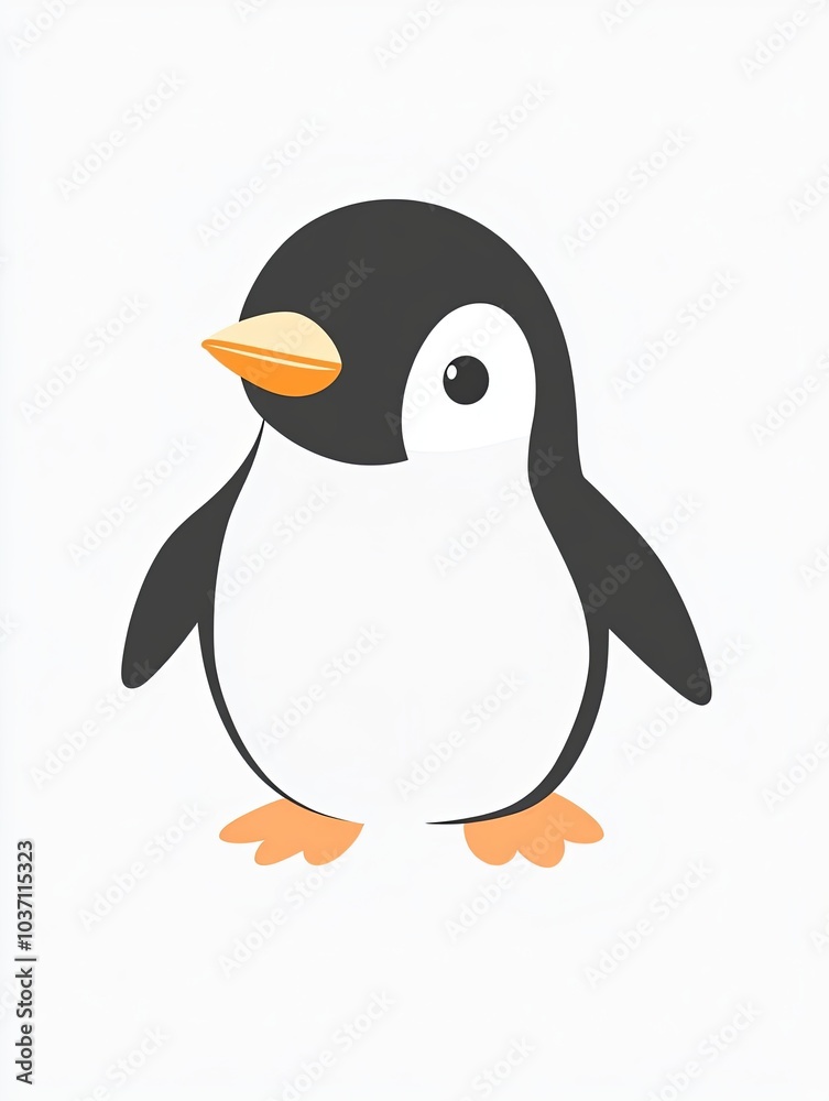 A cute cartoon penguin with black and white feathers, an orange beak and orange feet, standing on a white background. A cute cartoon penguin with black and white feathers, an orange beak and orange feet, standing on a white background.