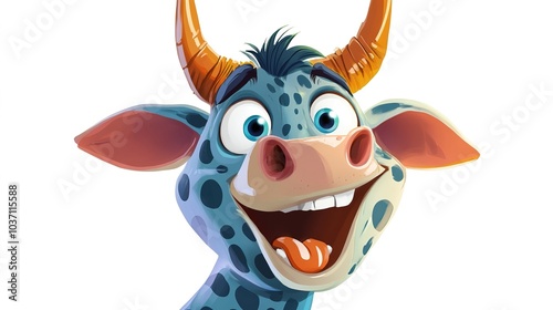 Cartoon unicon head, expressive wide eyes, surprised open mouth, spotted coat, large horns, comical facial expression, vector illustration style, vibrant colors, white background, close-up view,  photo