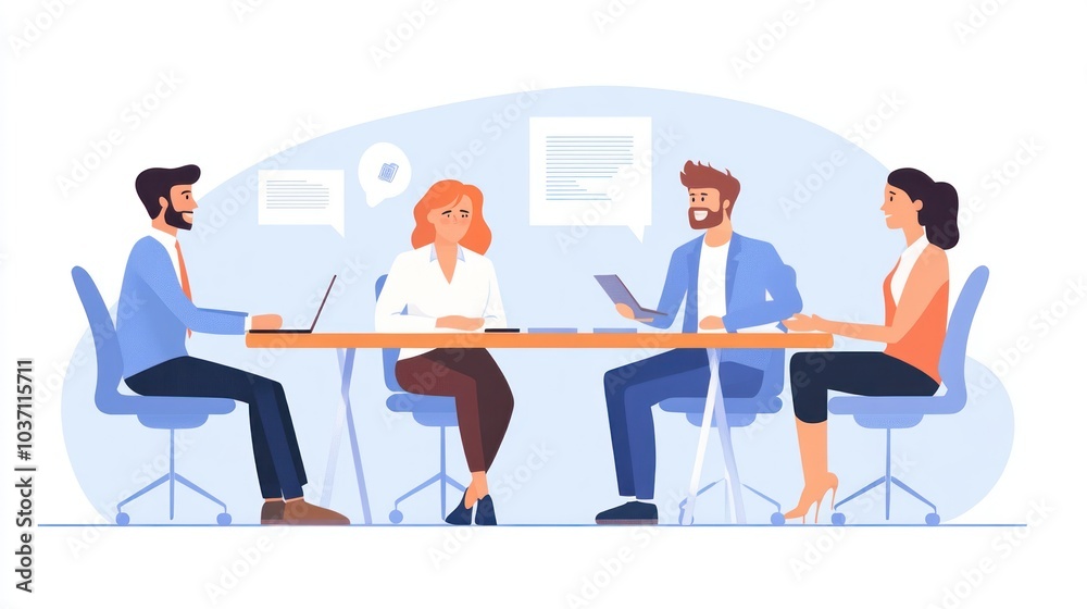 A group of four professionals engaged in a meeting around a table with laptops and tablets. A group of four professionals engaged in a meeting around a table with laptops and tablets.