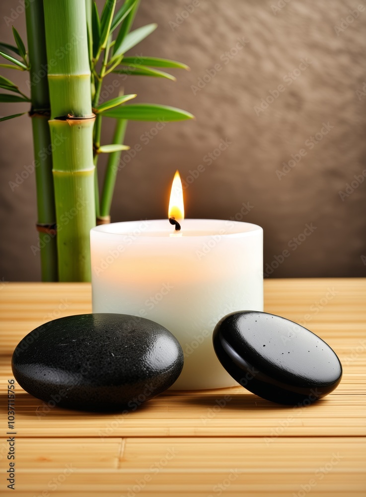 Obraz premium Serene Spa Setting with Lit Candle, Stones, and Bamboo