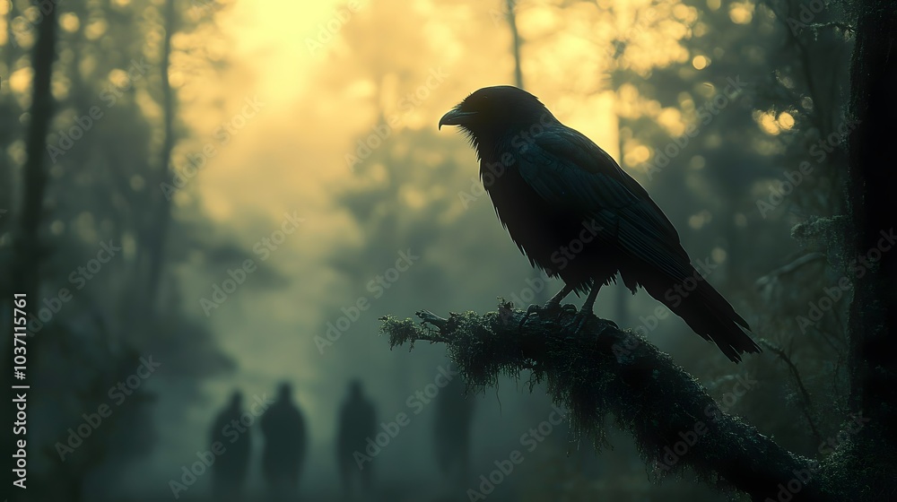 Fototapeta premium Silhouette of a Raven in Misty Forest Environment