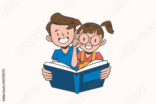 Flat illustration of kids reading a book, childhood learning, education for children, fun reading time, happy kids enjoying books