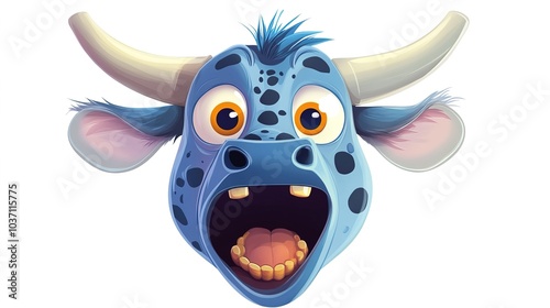 Cartoon unicon head, expressive wide eyes, surprised open mouth, spotted coat, large horns, comical facial expression, vector illustration style, vibrant colors, white background, close-up view,  photo