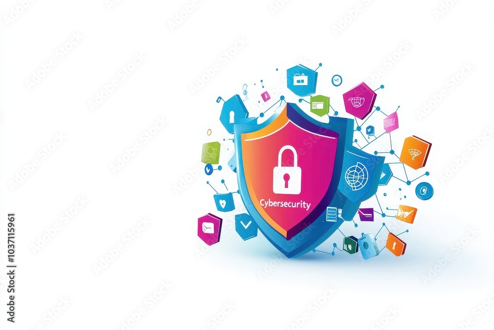 Obraz premium A dynamic shield features a central padlock, encircled by icons of digital security tools, highlighting the crucial role of cybersecurity in todays digital landscape.
