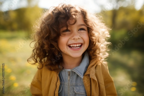 portrait of a little curly girl in a yellow coat on a background of green grass