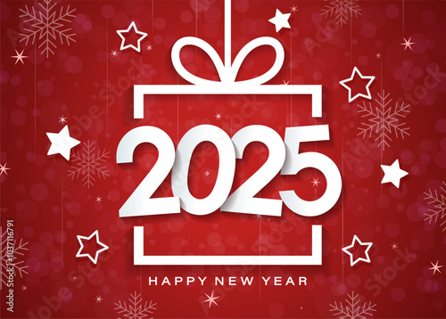 2025 Happy New year white numbers on a red background in a gift.