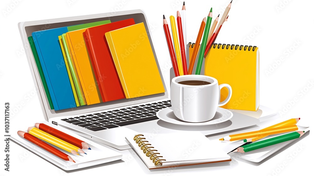 A laptop computer with a cup of coffee, books, pencils, and notebooks. A laptop computer with a cup of coffee, books, pencils, and notebooks.