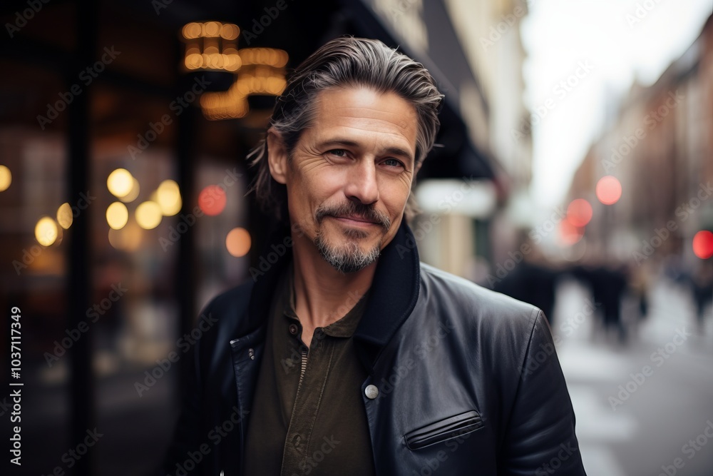Portrait of a handsome middle-aged man in a city street.