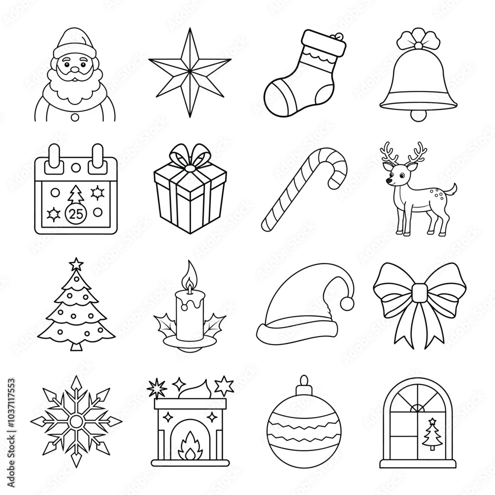 Set of 16 chrismas elements vector line art