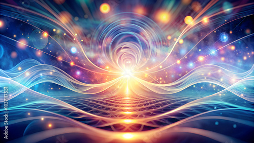 Vibrant energy waves radiating from a luminous source in a cosmic landscape
