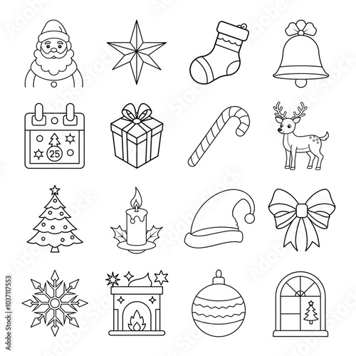 Set of 16 chrismas elements vector line art