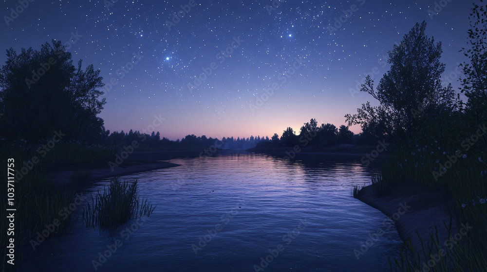 A serene river at twilight, with stars beginning to appear in the sky above. A serene river at twilight, with stars beginning to appear in the sky above.