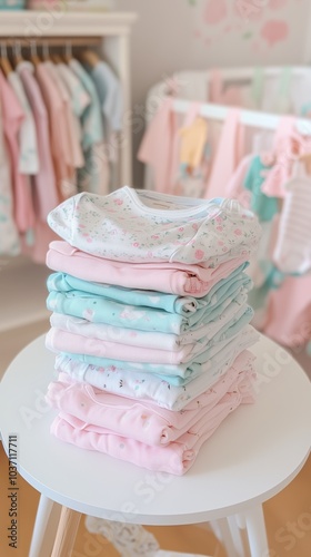 Neatly folded pastel baby clothes on a table in a stylish nursery, showcasing a calming and organized environment. photo