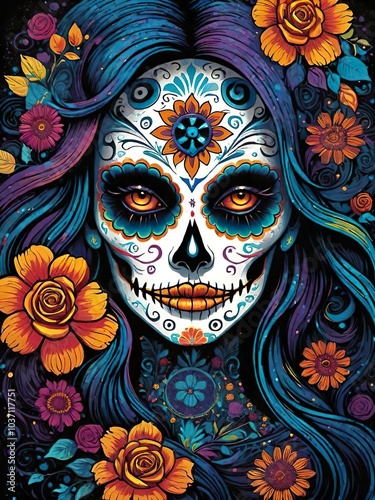 AI Generated illustration of a colourful sugarskull with flowers Dia de Muertos  photo