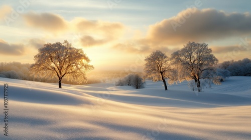 Winter solstice sunrise casting a warm glow over a snowy landscape, creating a peaceful, golden scene