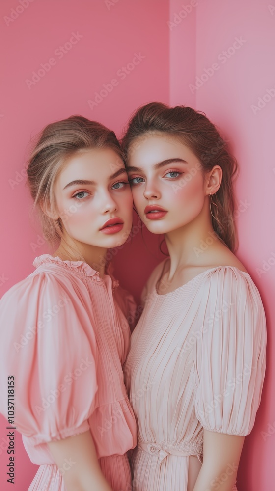 Two stylish models pose against a vibrant pink backdrop, elegantly dressed in pastel pink attire, showcasing fashion and beauty. Two stylish models pose against a vibrant pink backdrop, elegantly dressed in pastel pink attire, showcasing fashion and beauty.