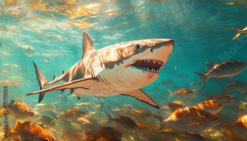 A shark swimming among a school of fish in a vibrant underwater scene.