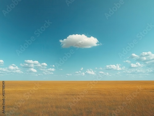 Lone Cloud Over Expansive Field, solitary cloud drifting in a vast blue sky, serene landscape, gentle breeze whispers through the grass photo