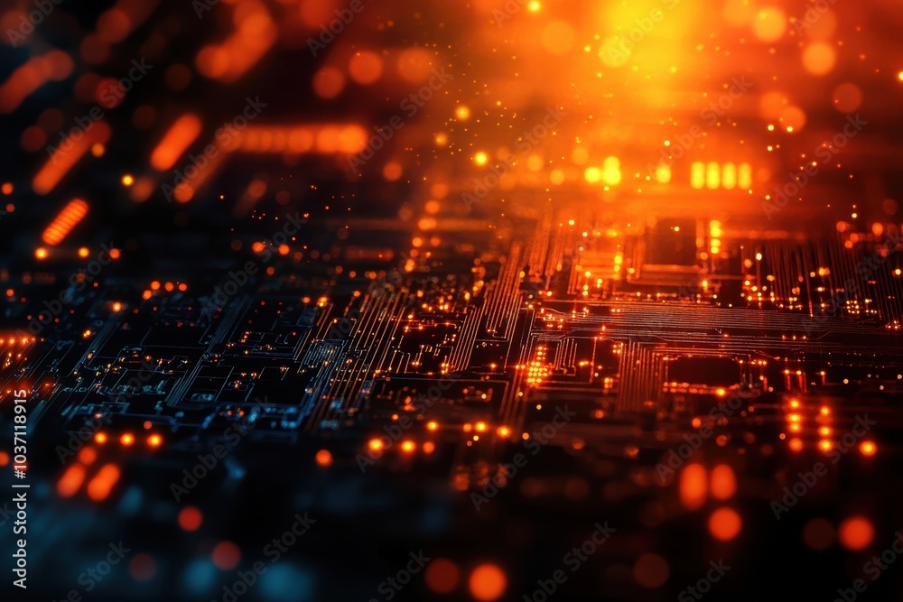 Abstract representation of glowing circuit board technology with orange lights and details Abstract representation of glowing circuit board technology with orange lights and details