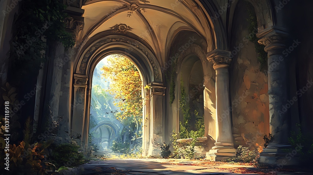 Obraz premium A Sunlit Pathway Through an Overgrown Stone Archway