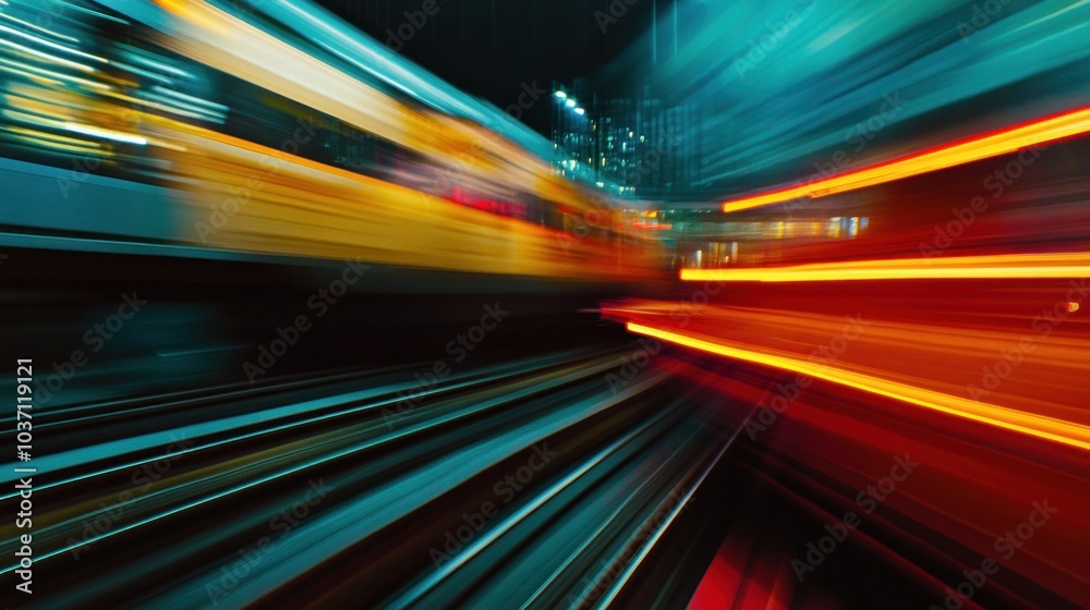 A dynamic night scene of a train in motion, showcasing vibrant light trails and speed. A dynamic night scene of a train in motion, showcasing vibrant light trails and speed.
