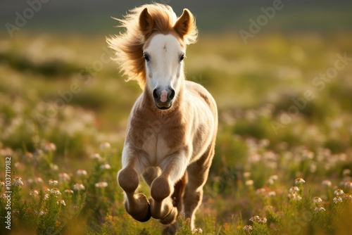 A young horse runs with excitement across a lush field of colorful flowers enjoying the warmth of the sun and the freedom of the open space