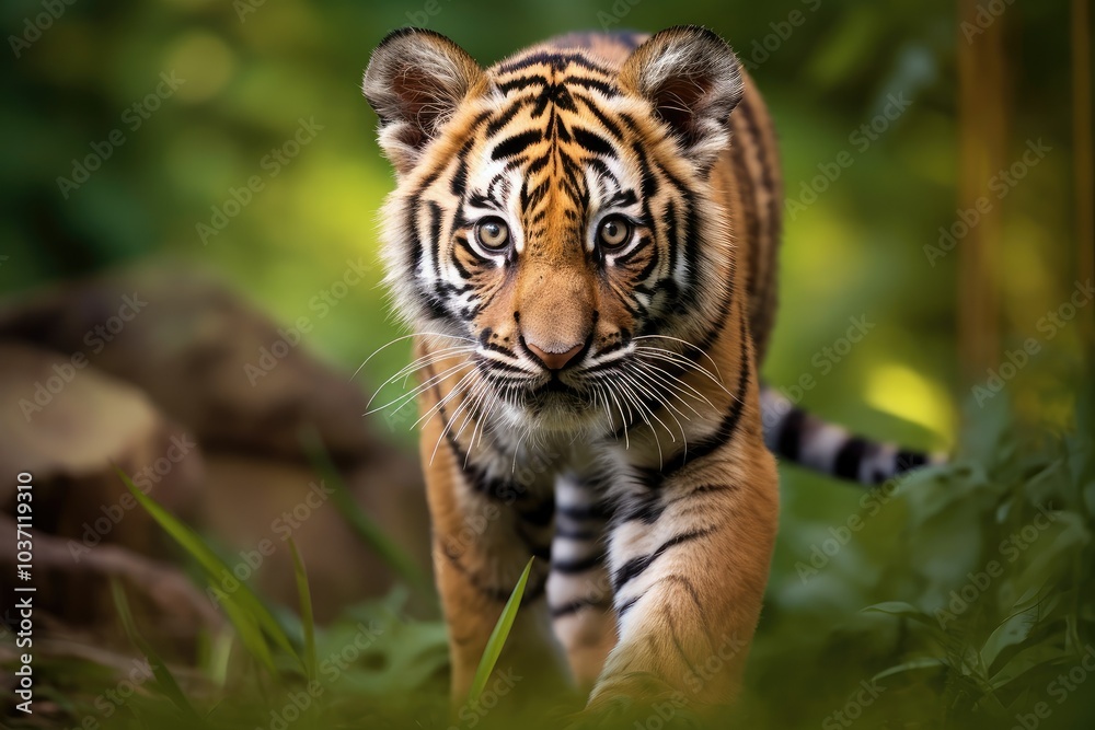 A playful baby tiger explores its surrounding environment displaying confident movements and vibrant fur against the backdrop of rich foliage and natural light A playful baby tiger explores its surrounding environment displaying confident movements and vibrant fur against the backdrop of rich foliage and natural light