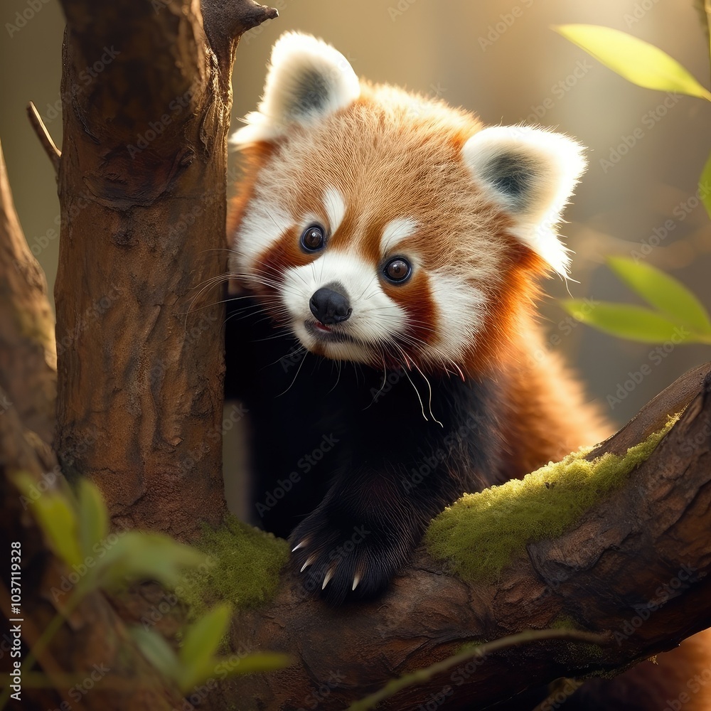A playful baby red panda explores a tree showing its cute face and fluffy fur while surrounded by vibrant green leaves in a tranquil forest setting A playful baby red panda explores a tree showing its cute face and fluffy fur while surrounded by vibrant green leaves in a tranquil forest setting