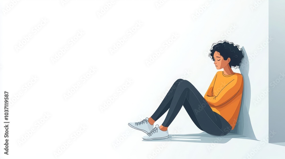 Fototapeta premium Introvert Shyness Person sitting alone in a corner, avoiding eye contact, flat design illustration