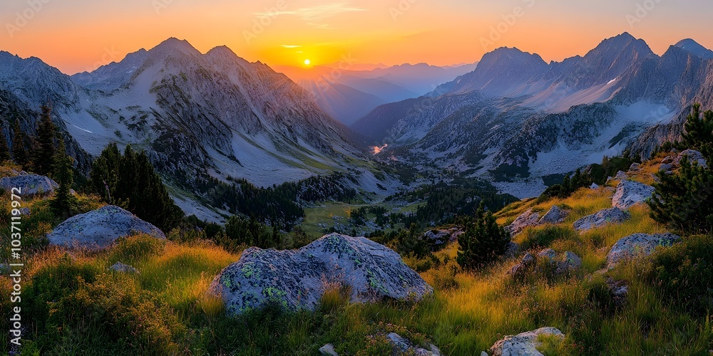 Obraz premium A breathtaking panoramic view of a mountain valley at sunrise, showcasing vibrant colors and dramatic peaks, evoking a sense of peace and adventure.