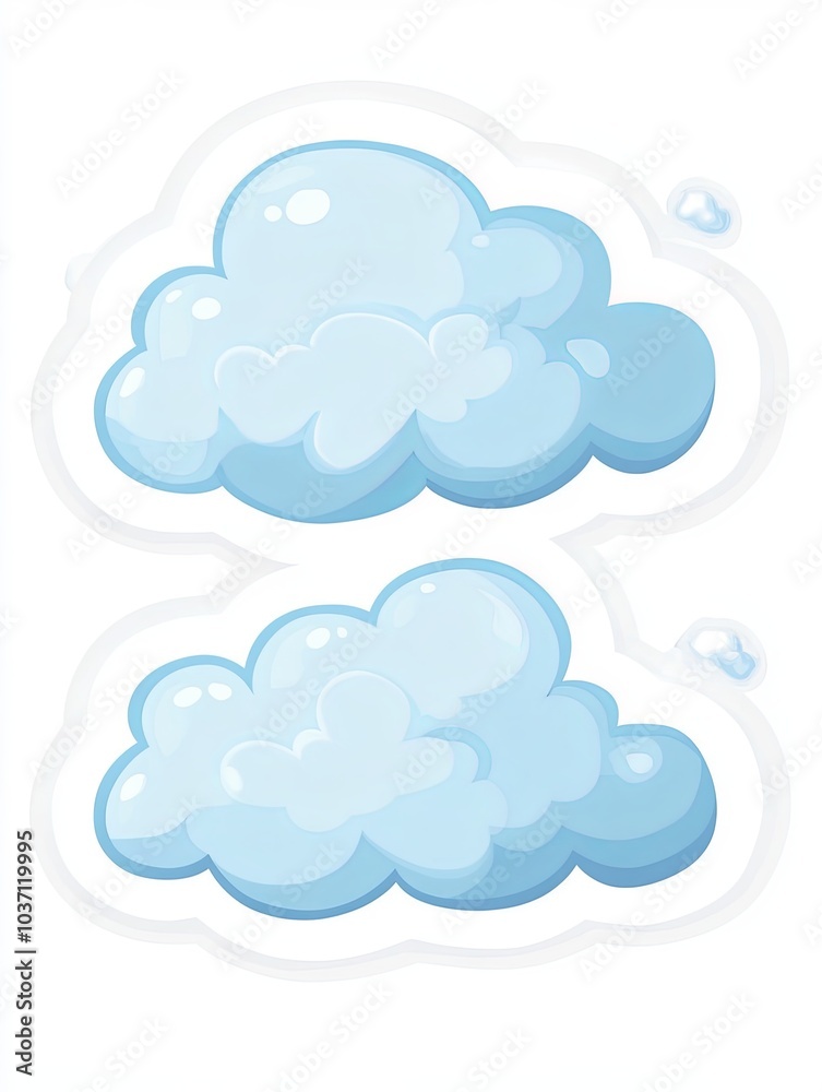 Two cartoon clouds with a light blue color and a white outline on a white background. Two cartoon clouds with a light blue color and a white outline on a white background.