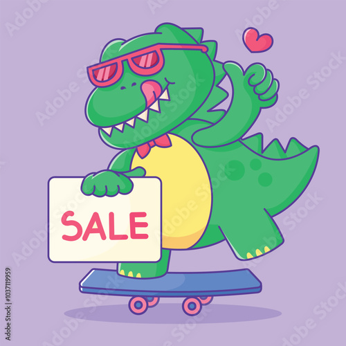 Fun Cartoon Dinosaur Character Riding Skateboard Holding Sale Sign Perfect For promotional materials, Social Media and Posters photo