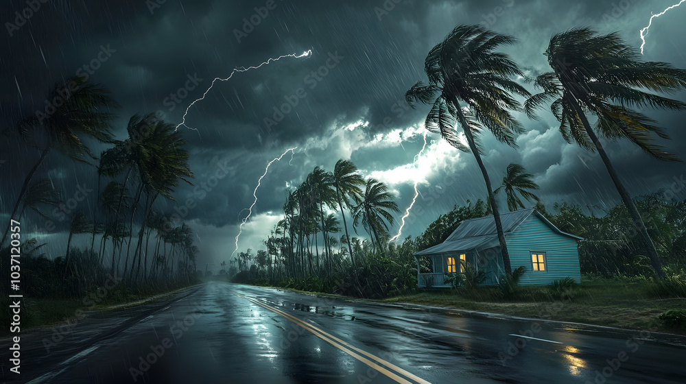 Naklejka premium hurricane natural disaster rainstorm flooding typhoon coastal area island strong wind heavy rain rainfall destruction damage island storm nature environment adverse weather thunderstorm