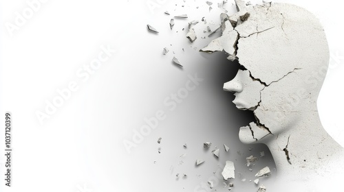 A fragmented face sculpture, symbolizing the breaking of mental barriers and the complexities of human thought.