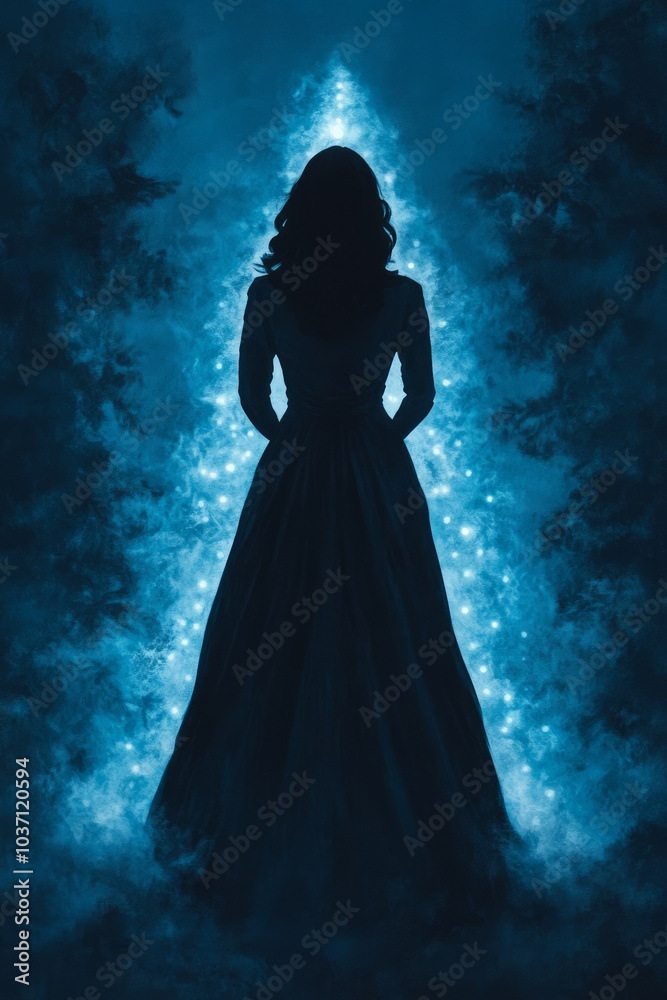 A silhouette of a woman in a dress, framed by glowing trees in a mystical setting. A silhouette of a woman in a dress, framed by glowing trees in a mystical setting.