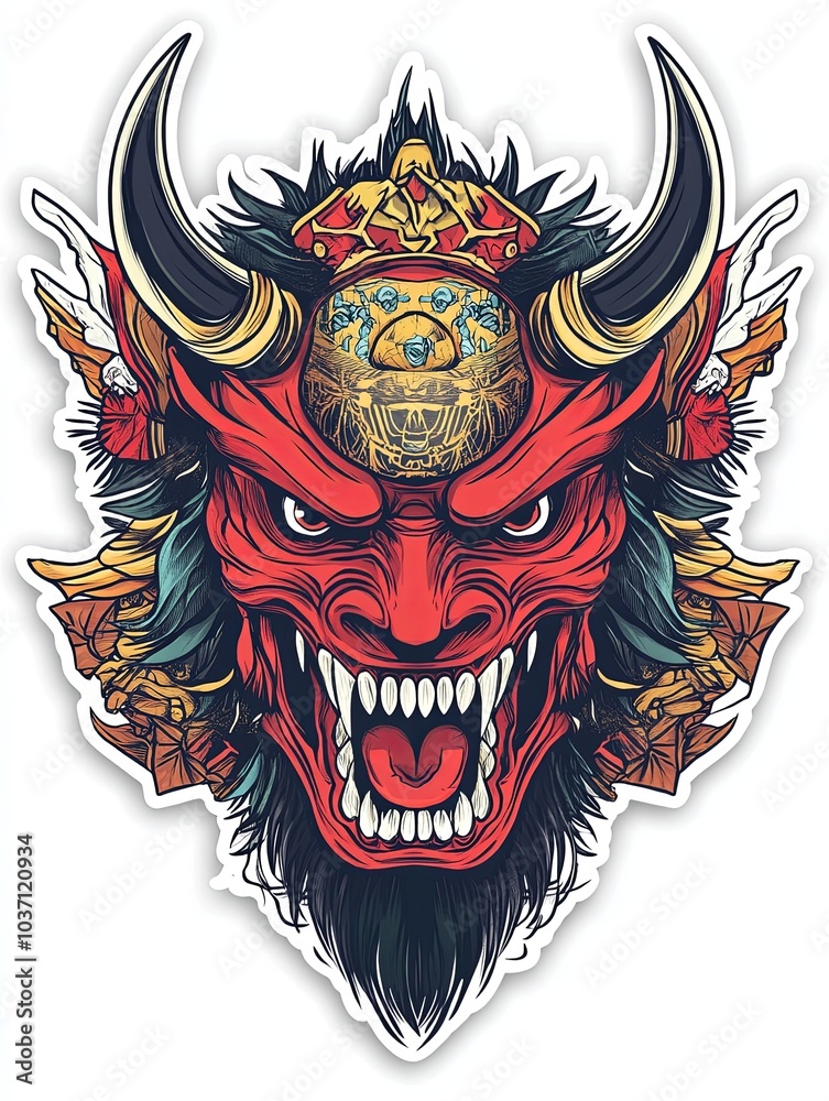 Fototapeta premium A detailed illustration of a red oni demon mask with horns, fangs, and a fierce expression.