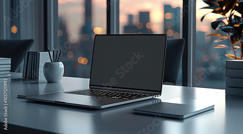 A gray office table with a state-of-the-art laptop, some property regularization office objects. photo