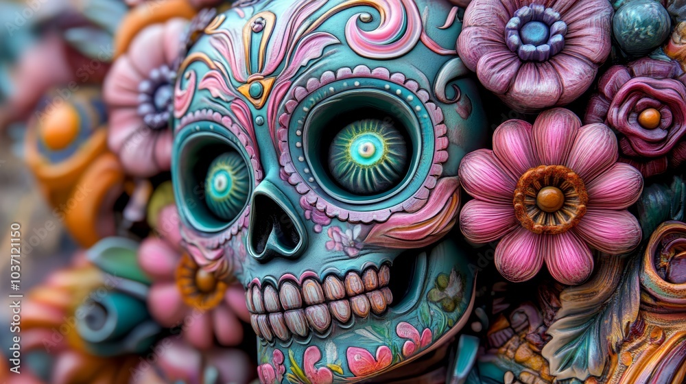 A vibrant, intricately designed skull surrounded by colorful flowers, embodying the Day of the Dead celebration with rich details and bold colors. A vibrant, intricately designed skull surrounded by colorful flowers, embodying the Day of the Dead celebration with rich details and bold colors.