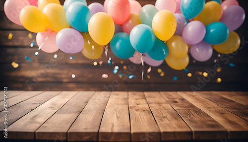 wood table bokeh   birthday party scene floating balloons  blur    background 