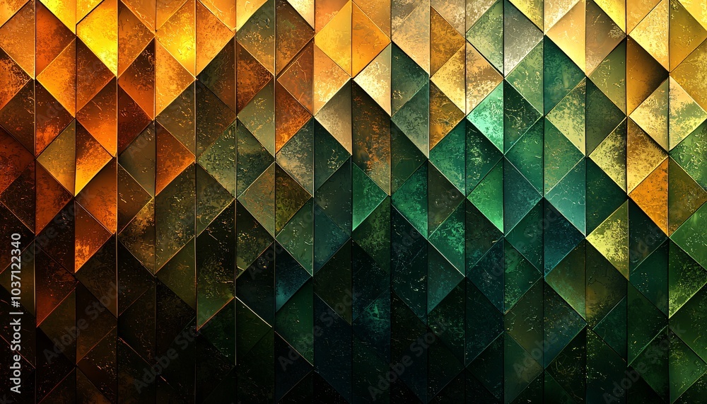 Obraz premium Ethereal Green and Gold Fractal Patterns - Abstract Geometric Repetition in Vibrant Gradient Digital Art