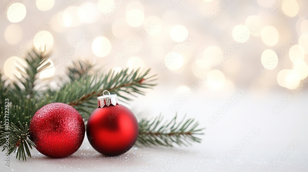 A minimalistic Christmas and New Year scene featuring a soft bokeh background that creates a dreamy atmosphere. On the left side, a lush spruce branch elegantly lies next to colorful Christmas balls, A minimalistic Christmas and New Year scene featuring a soft bokeh background that creates a dreamy atmosphere. On the left side, a lush spruce branch elegantly lies next to colorful Christmas balls,