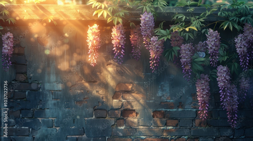 Obraz premium Purple Wisteria Flowers Cascading Over A Brick Wall