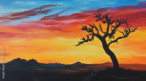 A lone tree silhouetted against a colorful sunset over a mountain range.