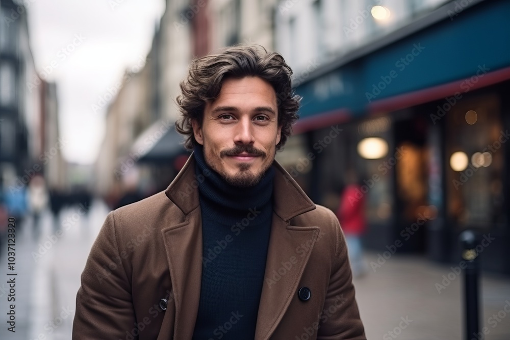 Portrait of a handsome young man with curly hair wearing a coat Portrait of a handsome young man with curly hair wearing a coat
