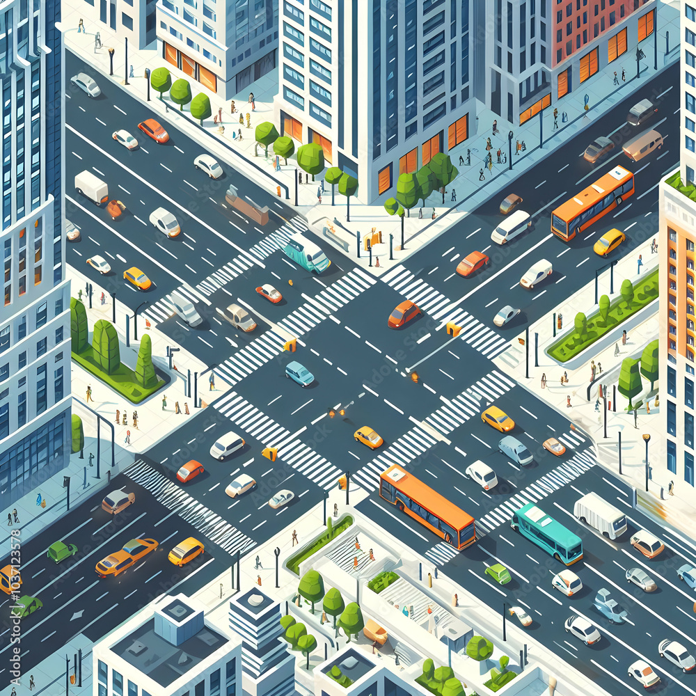 A busy city street with a crosswalk and a bus A busy city street with a crosswalk and a bus
