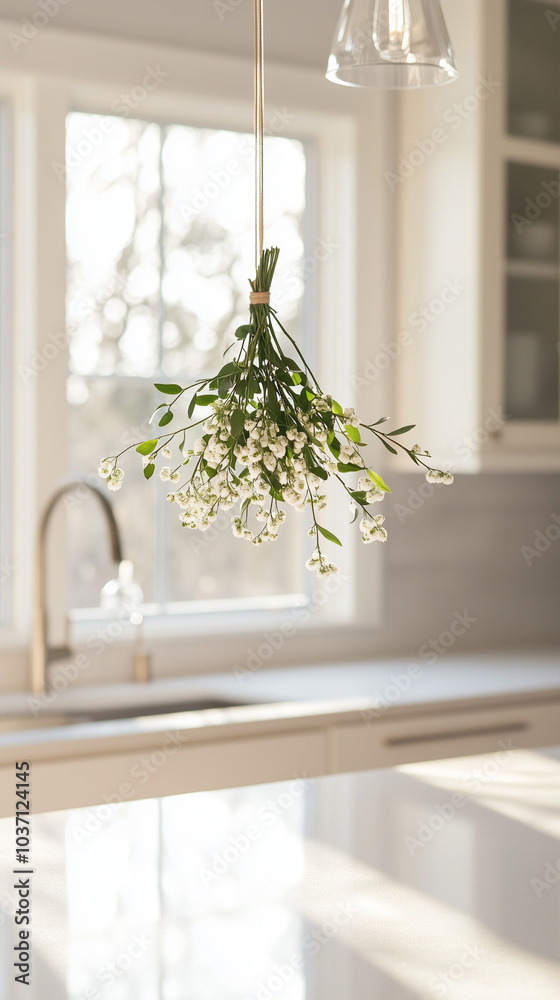 Sunlit Kitchen with Mistletoe Hanging Above Counter Sunlit Kitchen with Mistletoe Hanging Above Counter