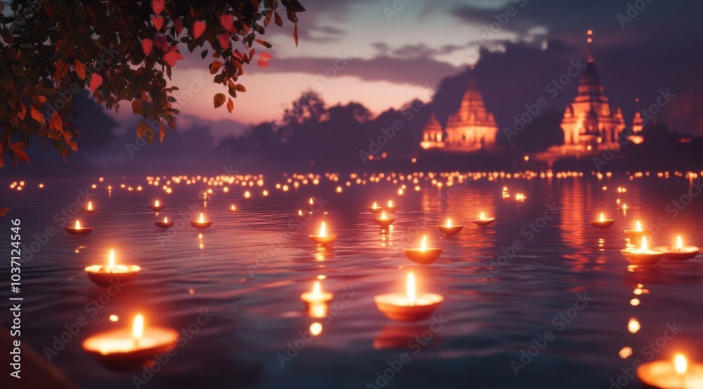 Cinematic Diwali Scene with Floating Candles on the River and Illuminated Temples in the Distance, Unreal Engine Rendered in Ultra-Realistic Style Cinematic Diwali Scene with Floating Candles on the River and Illuminated Temples in the Distance, Unreal Engine Rendered in Ultra-Realistic Style