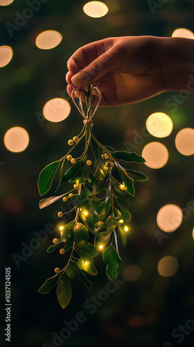 Hand Holding Illuminated Mistletoe Against Christmas Lights