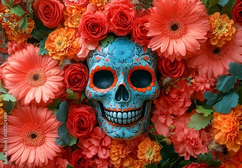 Skull Enveloped by a Beautiful Floral Surround. 