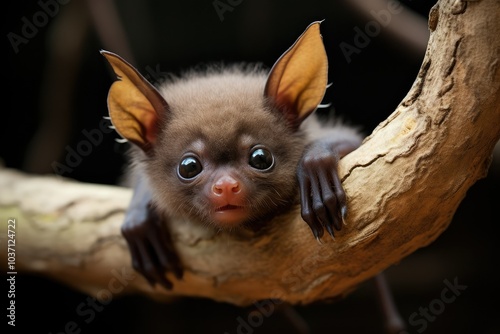 Cute baby bats cling to a branch their large eyes sparkling with curiosity as they explore their forest home in this peaceful setting photo